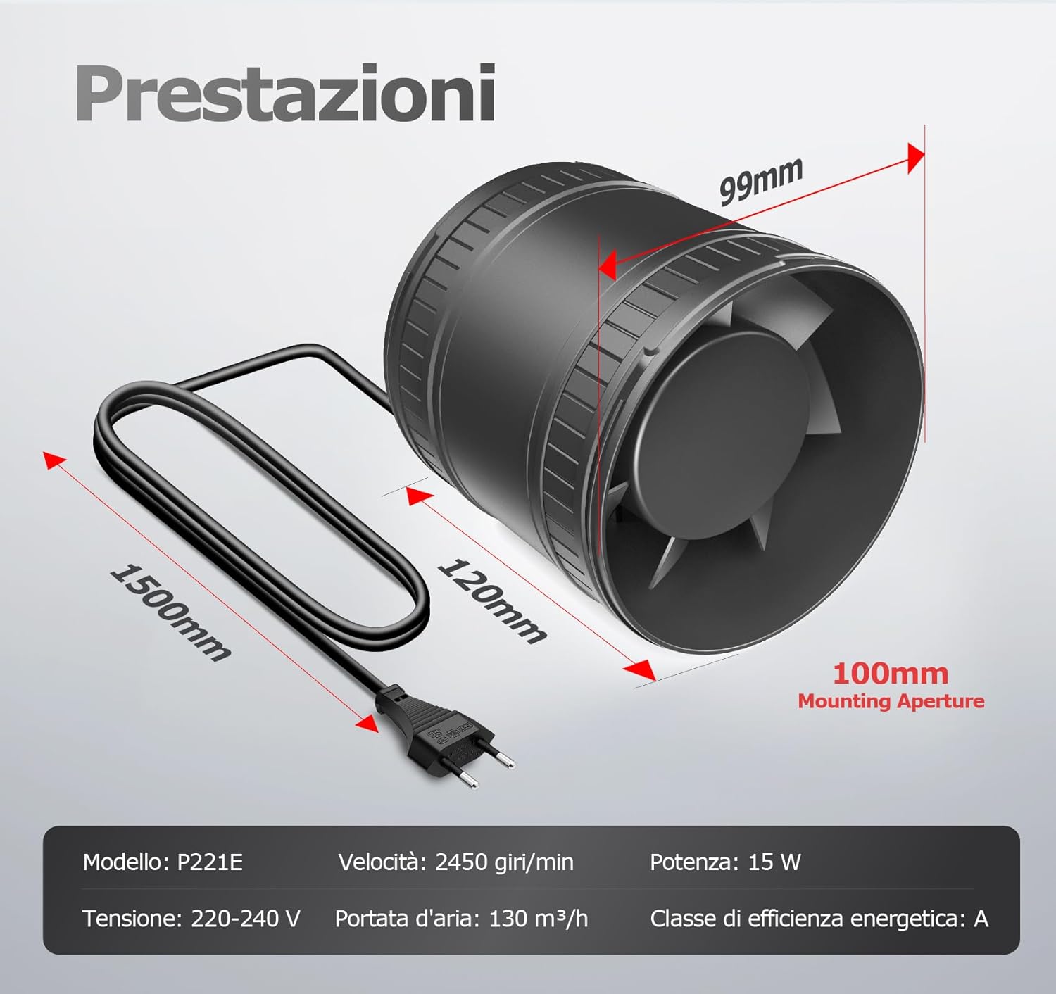 Piccolo estrattore Aria 100mm, Ventilatore di Condotto Compatto con Protezione Contro il Surriscaldamento, 15W 130m³/h Ventola